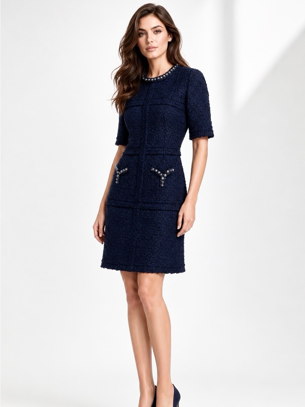 $980 Teri Jon Sparkling Pearls Tweed Navy Blue Couture Dress